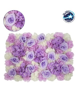 GloboStar® 78305 Συνθετικό Πάνελ Λουλουδιών - Κάθετος Κήπος Τριαντάφυλλο - Ορτανσία - Βιολέτα Μ60 x Υ40 x Π7cm